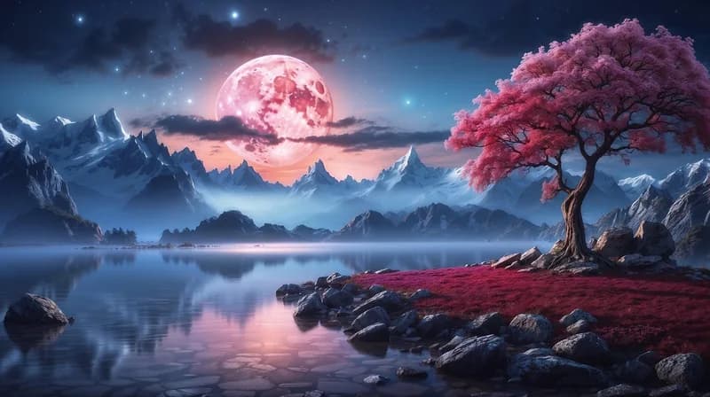 Pink moon over the lake, by ArchiPix